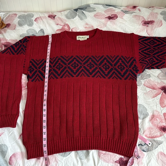 Eddie Bauer Vtg USA Made Medium Red Heavy Cotton Knit Fair Isle Pullover Sweater - Picture 7 of 9